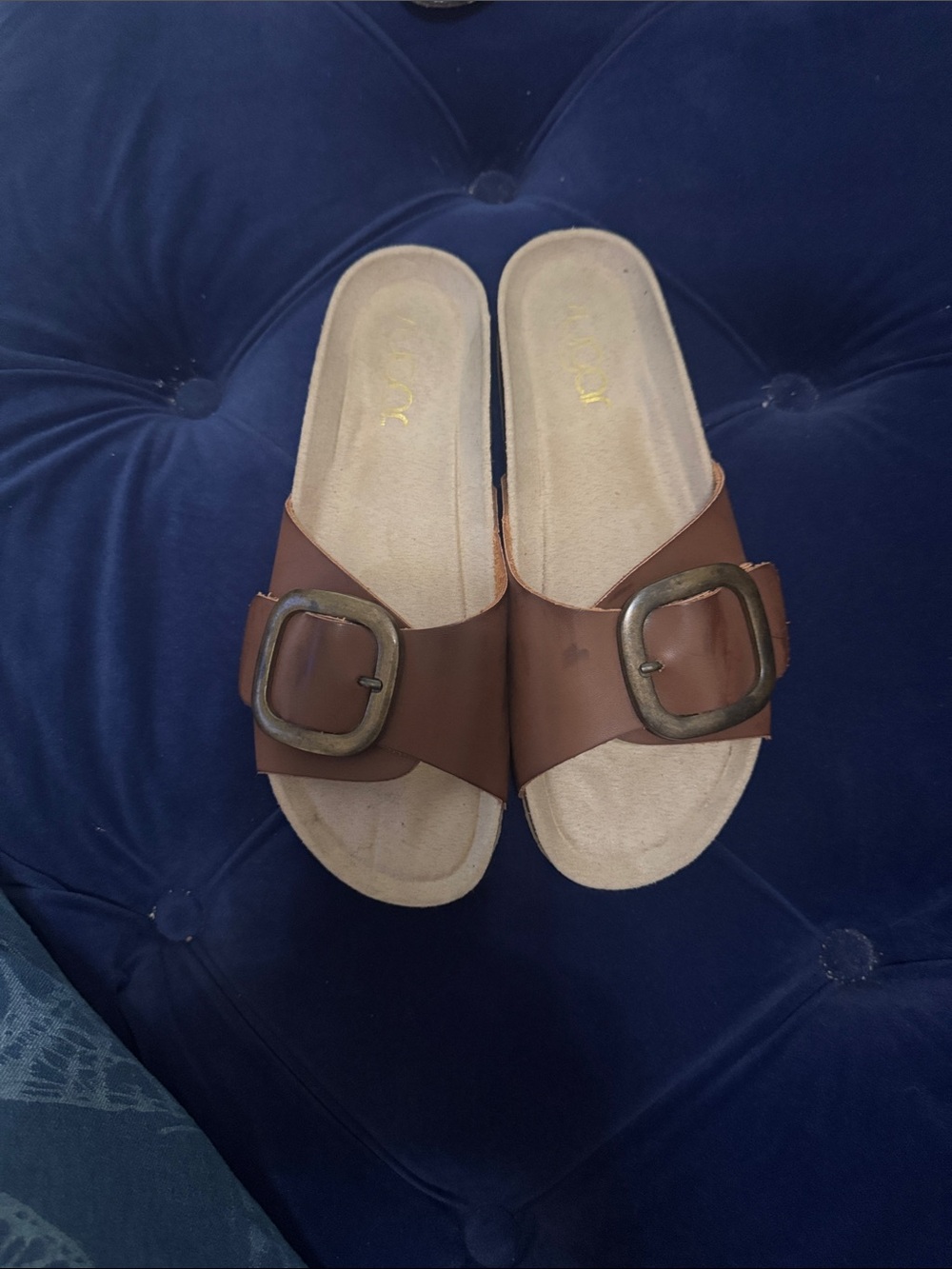 Sugar Brown Slide Sandals with Oversized Buckles never worn